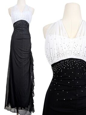 Y2K Halter Maxi Dress Gown Jessica Open Back Formal Size 12 Black White